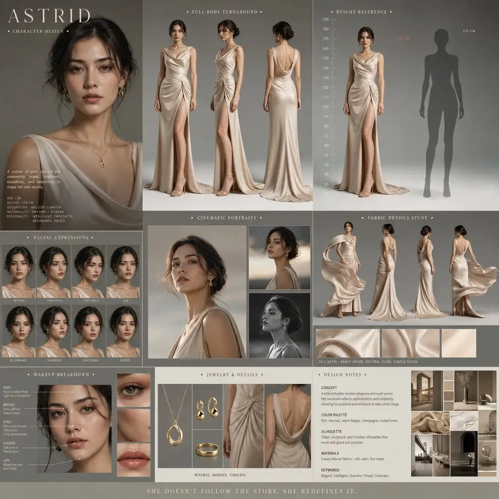 Create a cinematic character design board for a premium d...