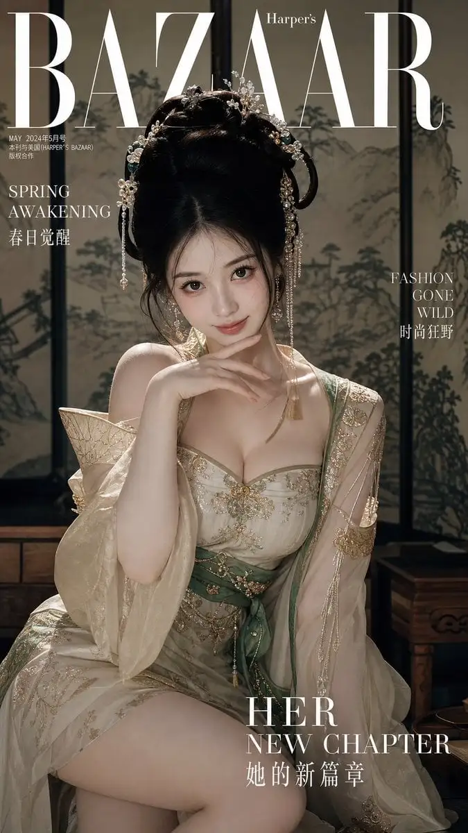 顶尖现代时尚杂志封面大片，一位20岁左右的国风美女，身着改良版华丽古装（汉服元素）。她拥有丰腴匀称的沙漏型身材，裁...