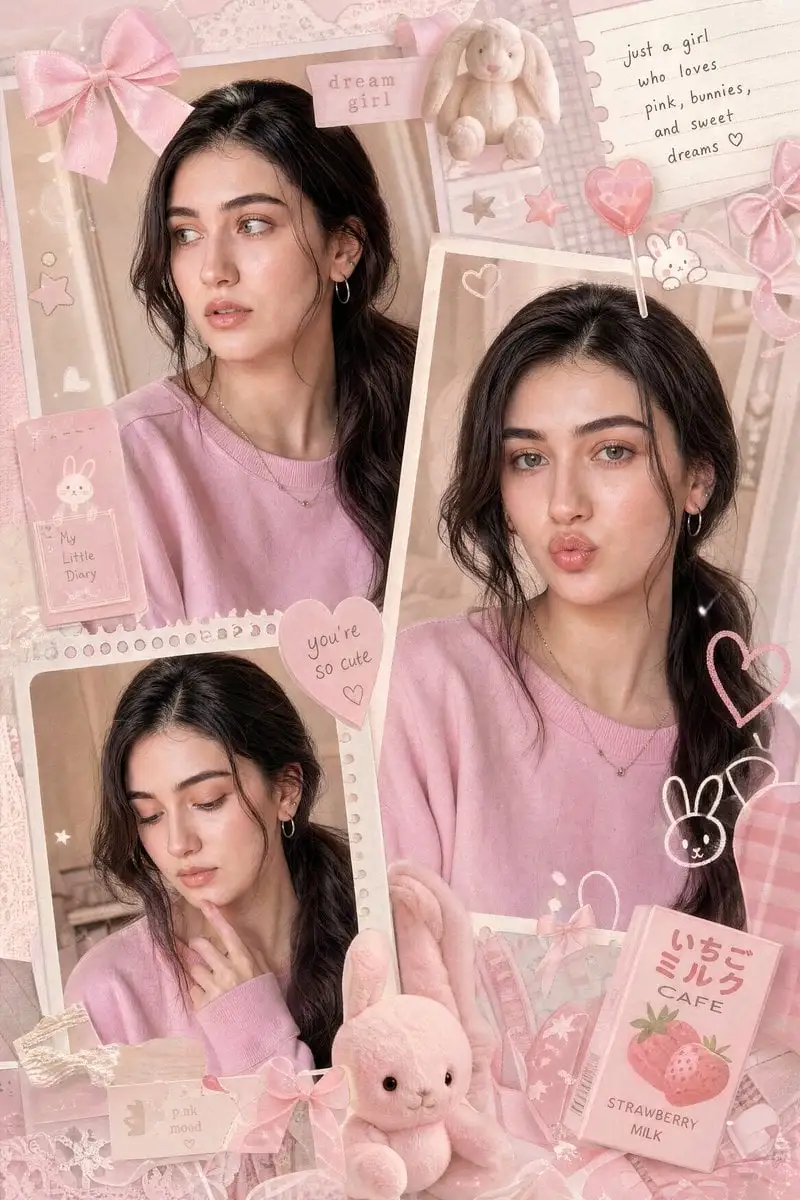 A dreamy multi-frame pastel pink aesthetic collage featur...