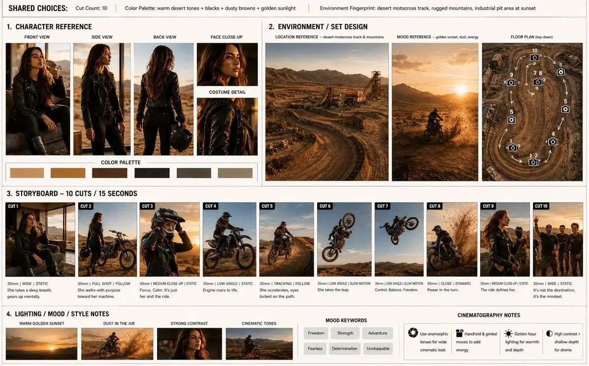 Storyboard sequence, 10 cinematic frames: A stylish young...