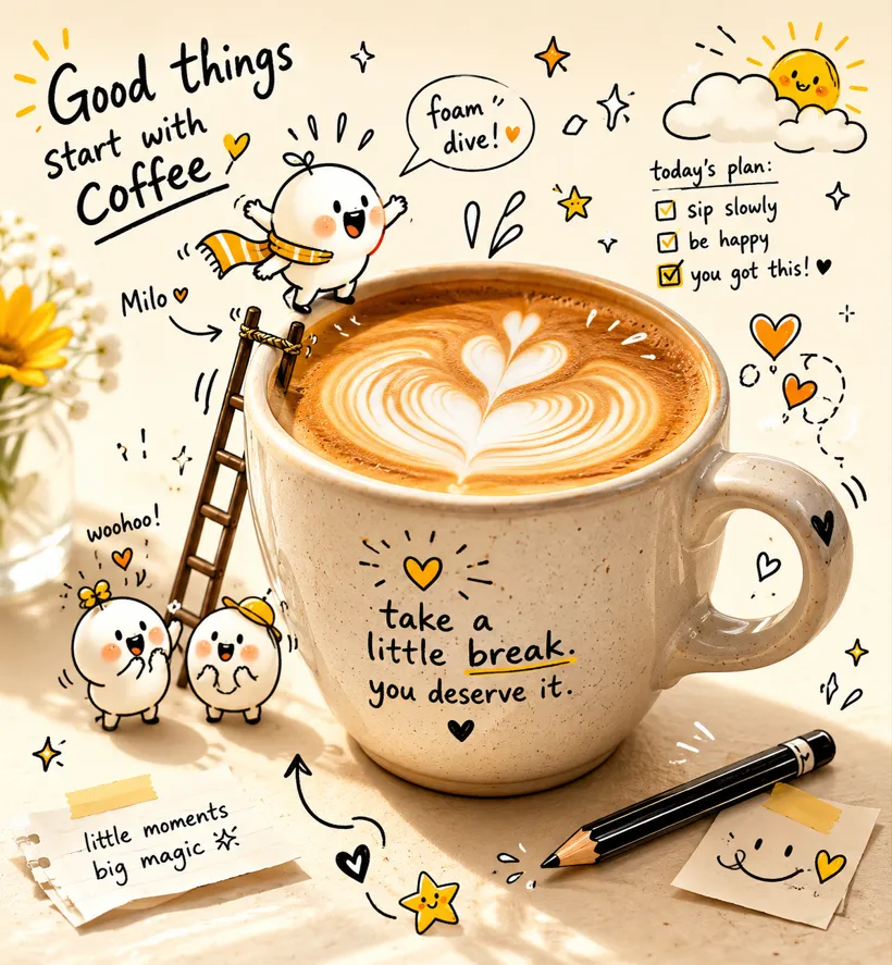 Subject: A realistic ceramic coffee cup with latte art
