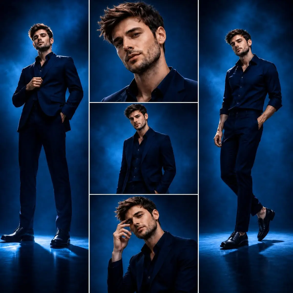 Aspect ratio 1:1. Luxury fashion editorial, three-panel c...