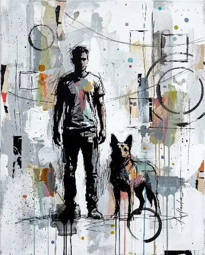 Contemporary mixed-media urban painting of [Human Name], ...