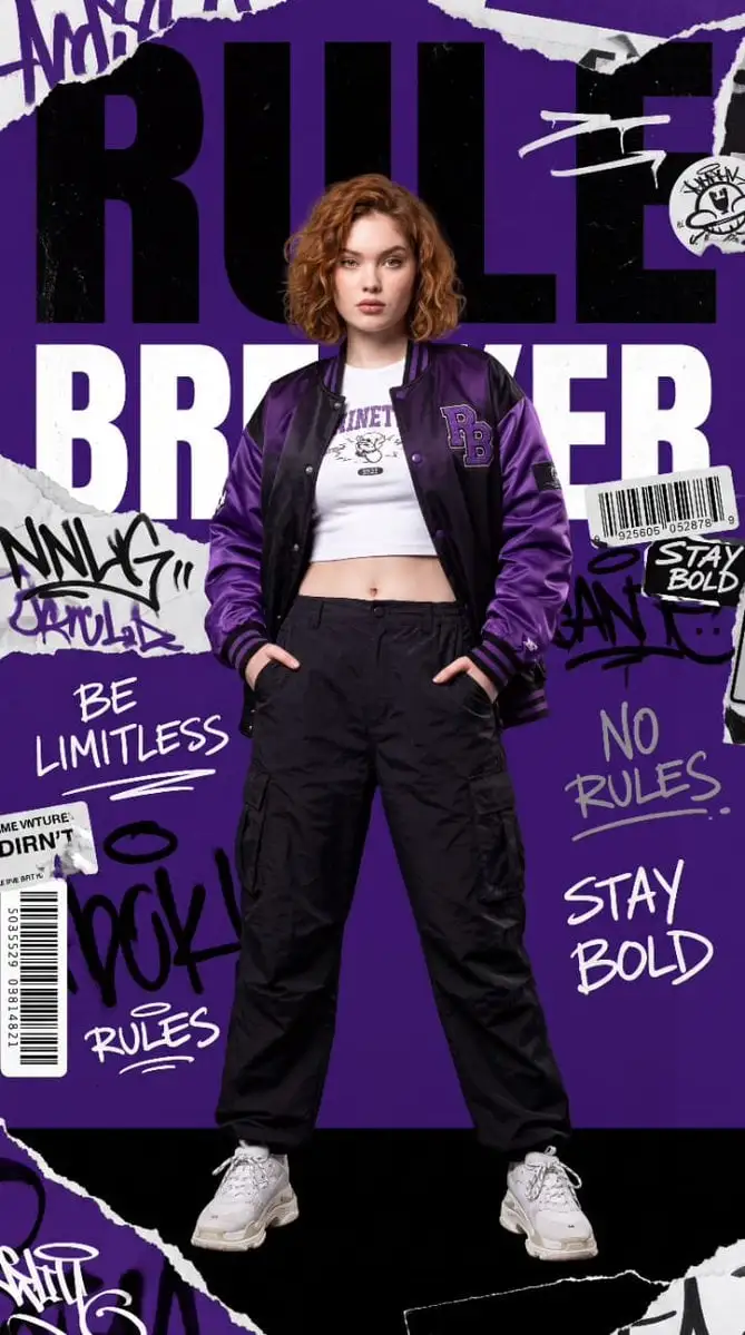 Create a high-fashion streetwear editorial poster featuri...
