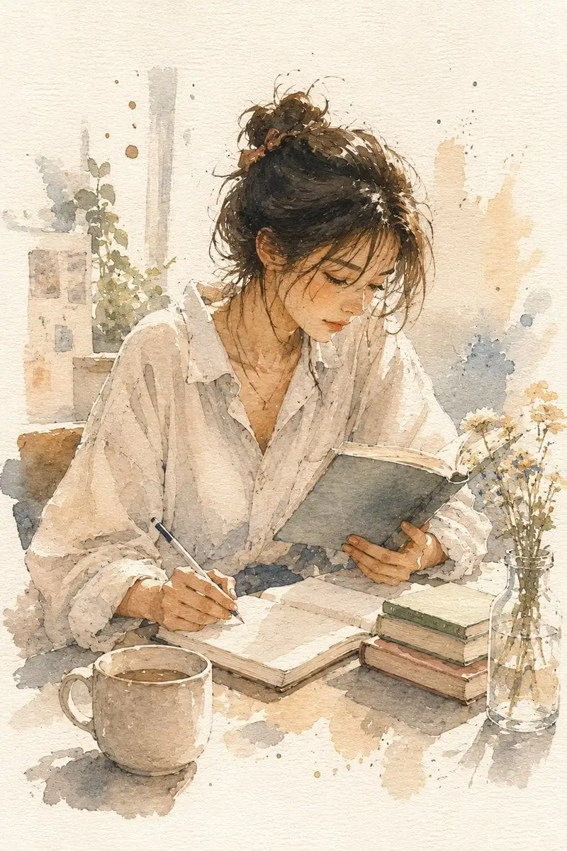 A minimalist watercolor illustration of a young woman imm...
