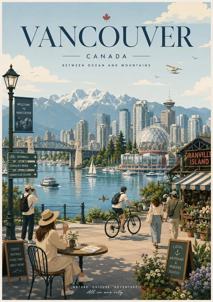 Create a minimalist travel poster illustration in a soft ...