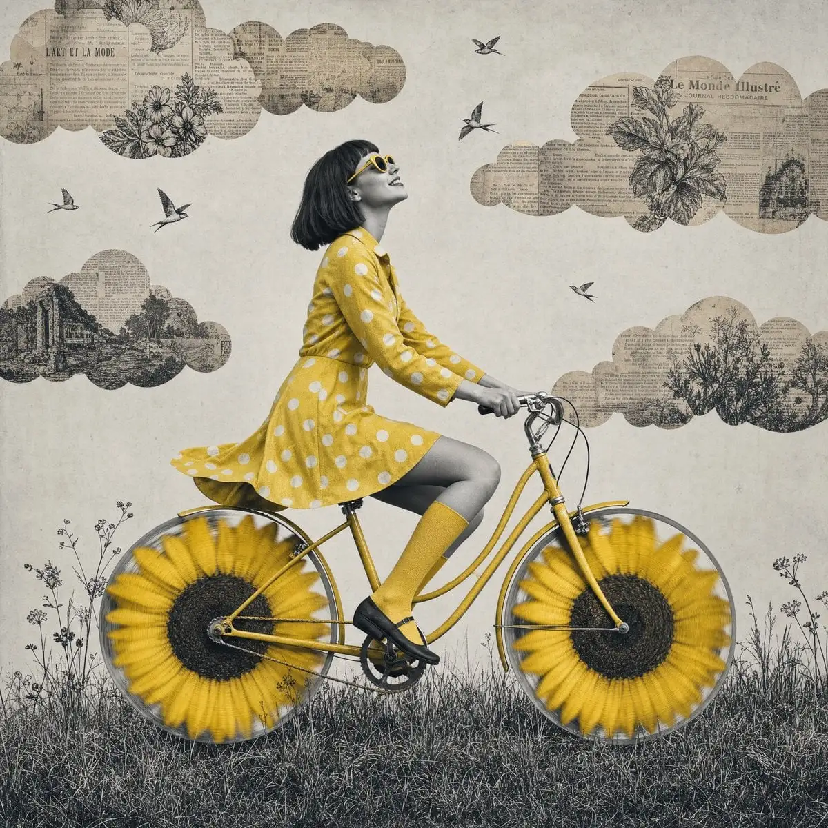 Surreal mixed-media collage artwork, black and white phot...