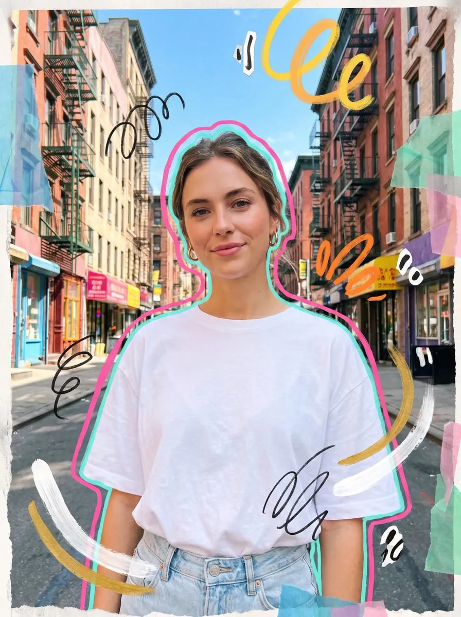 Photorealistic mixed media collage street portrait of a y...