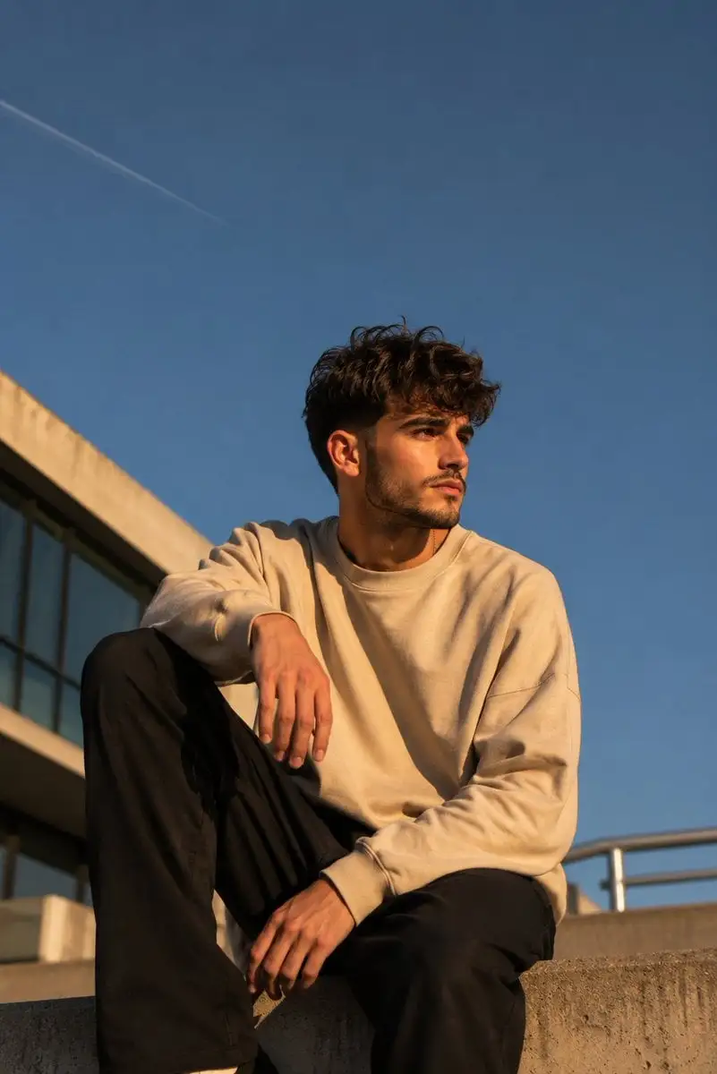 Create a cinematic lifestyle portrait of a stylish young ...