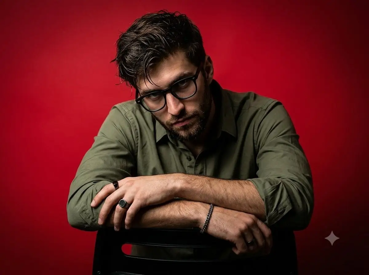 A dramatic, high-contrast studio portrait of a man with d...