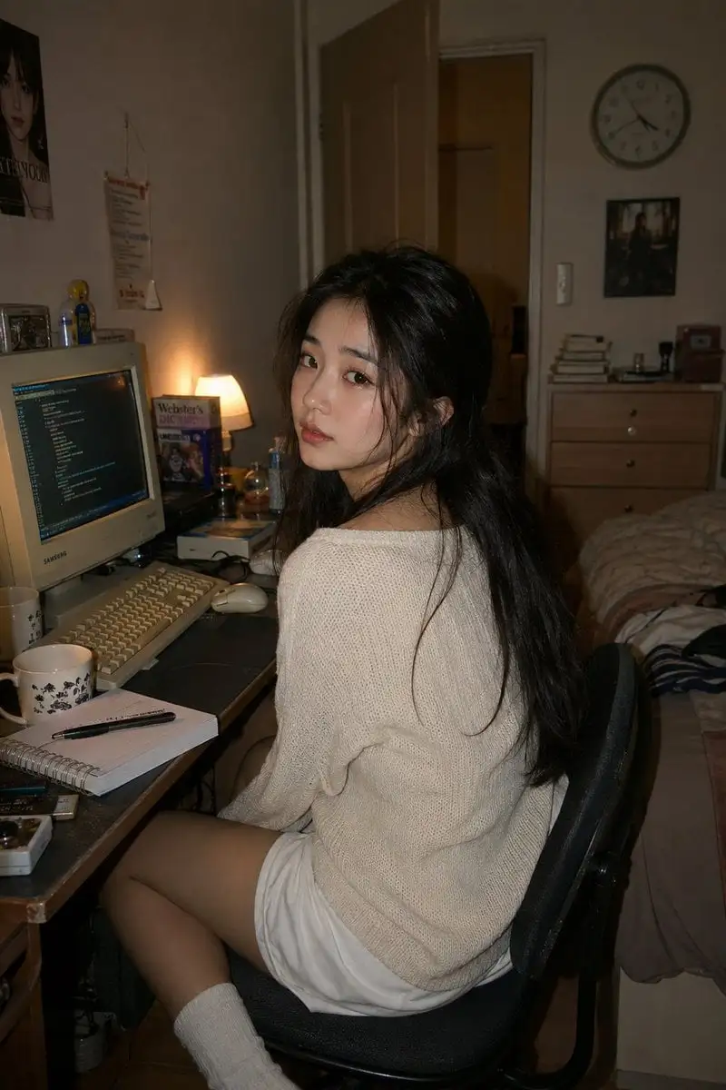 A photorealistic lifestyle portrait of a young East Asian...