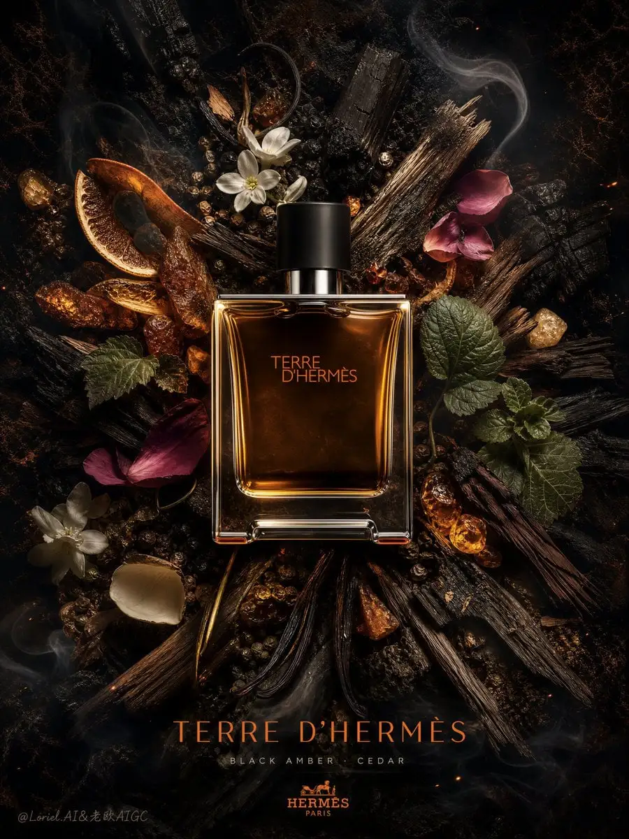 Create an ultra-premium fragrance poster for Hermès Terre...