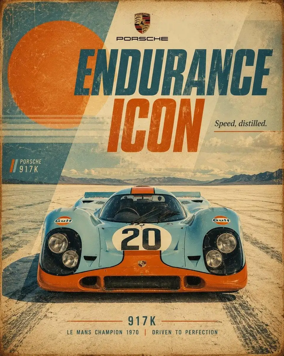 Retro motorsport poster for [Car], 4:5 vertical. Show a f...