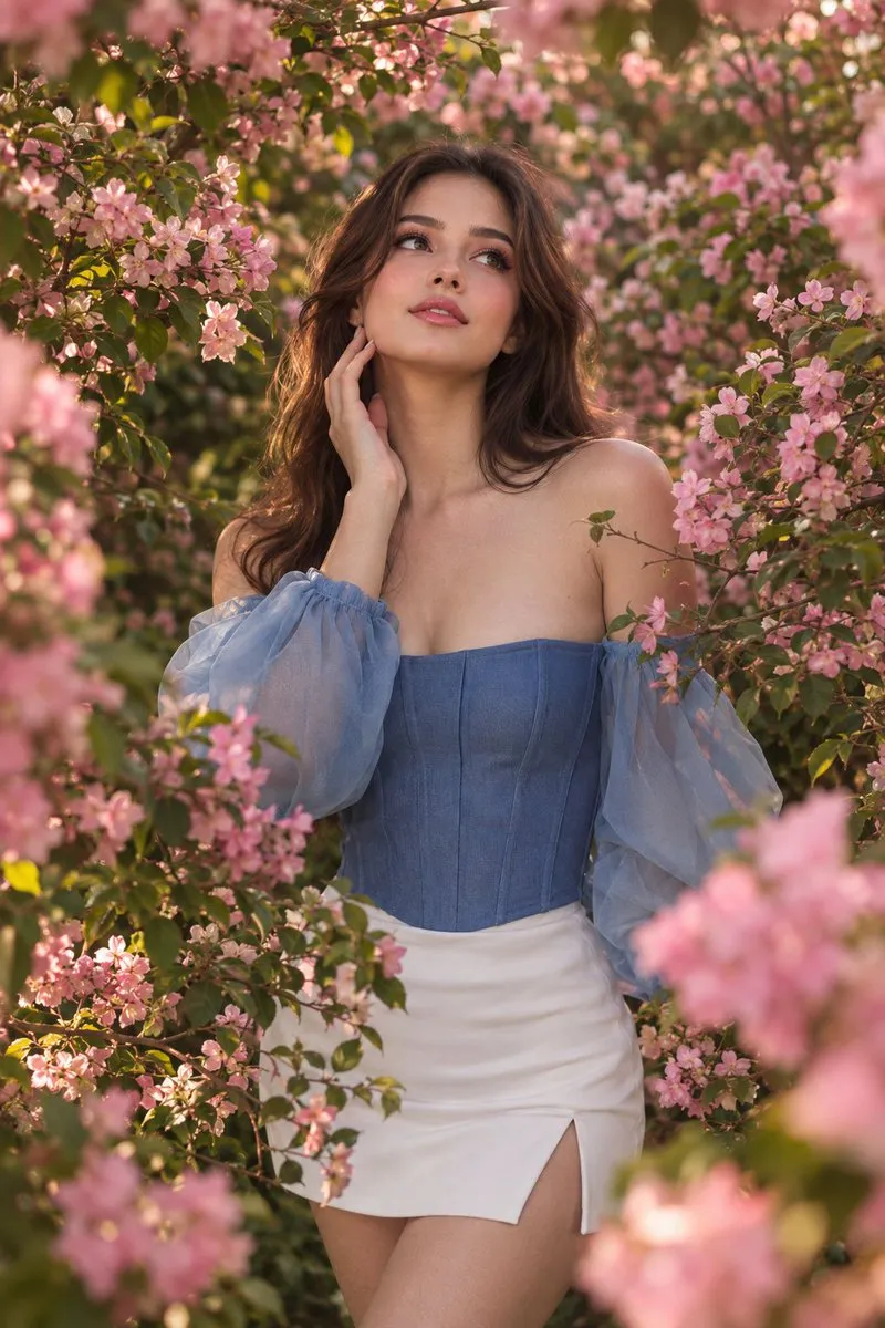 A photograph of a woman among dense branches with pink fl...