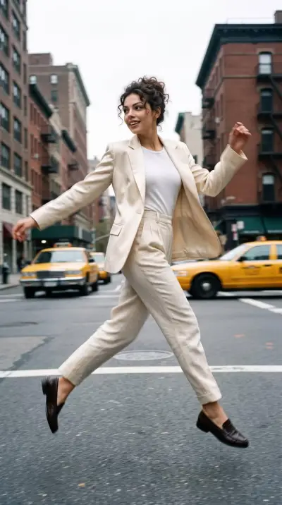 A mid-shot, dynamic fashion photograph of a stylish young...