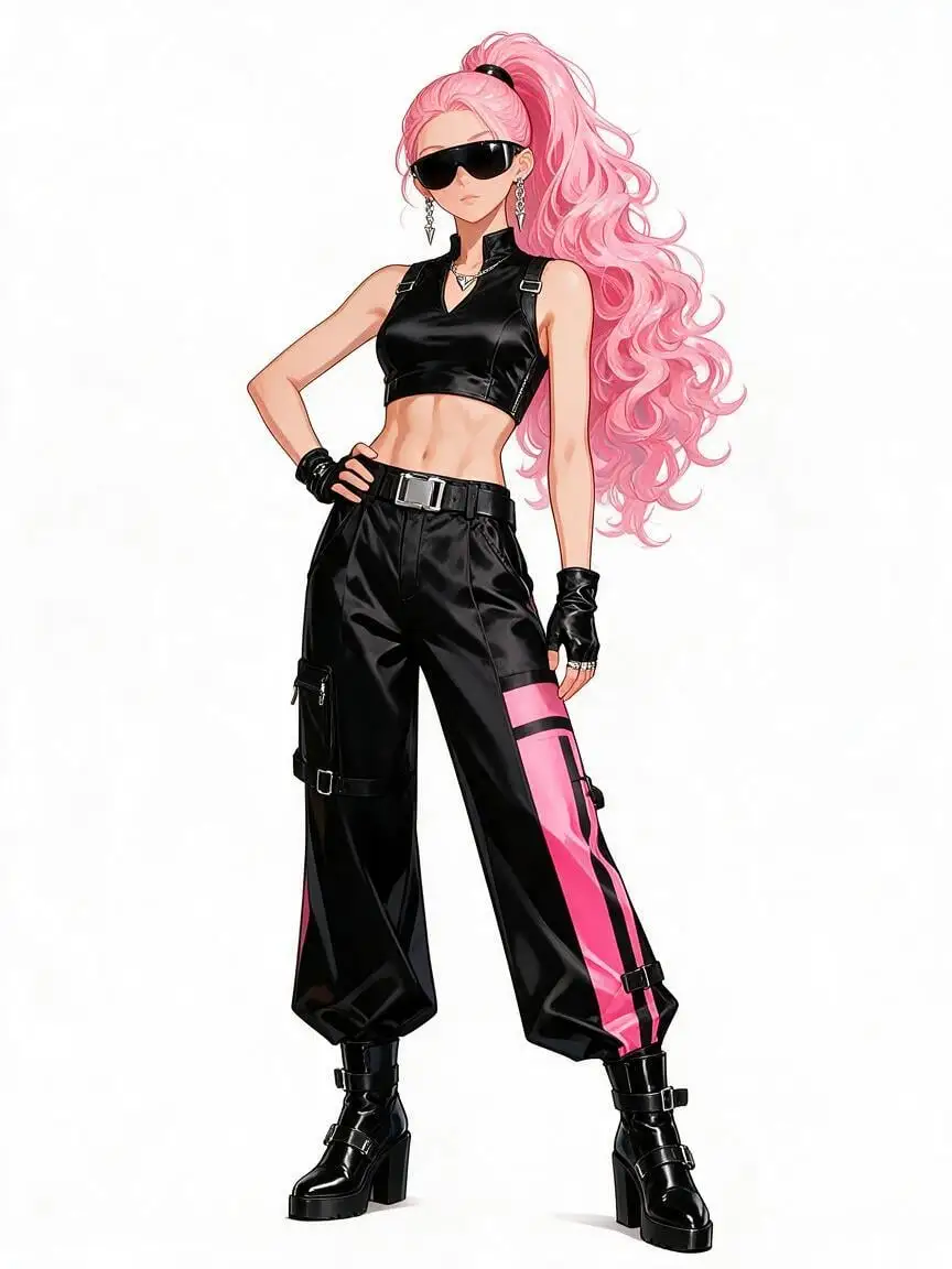 A stylish anime woman stands facing the viewer in a confi...