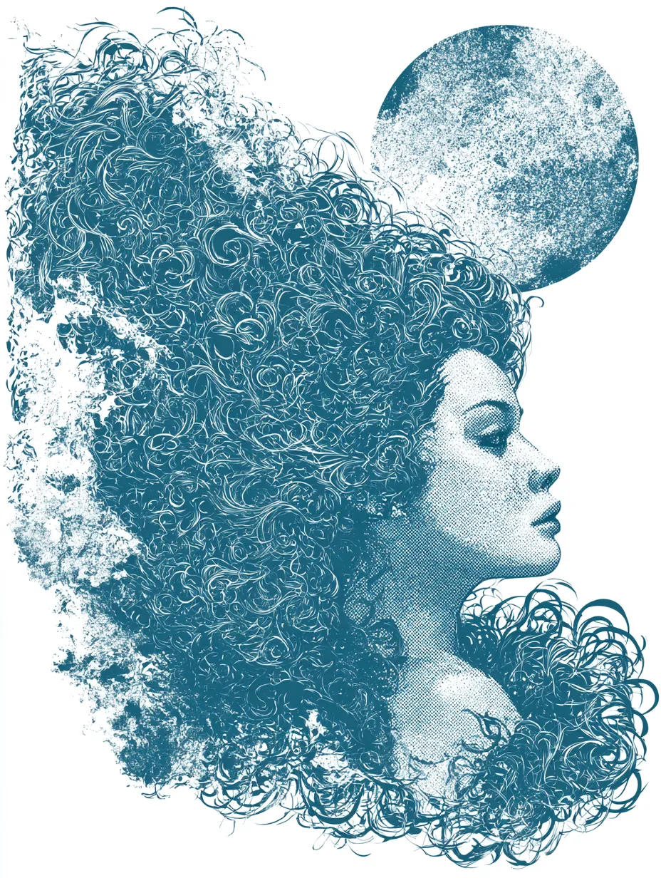 A stylized profile portrait of a woman faces left, her vo...