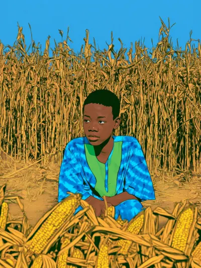 A young African boy wearing a traditional dashiki in hand...