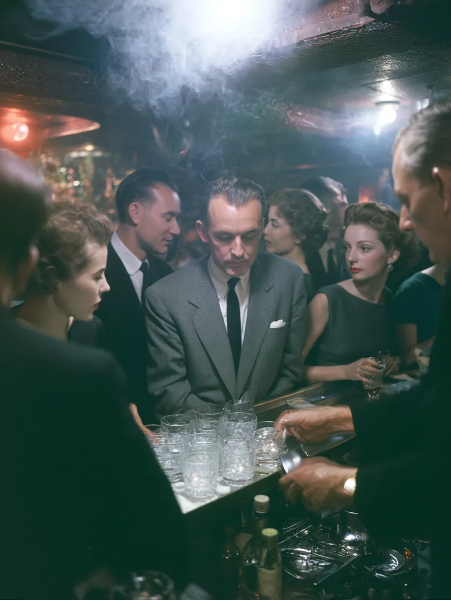1955 underground jazz club, smoky atmosphere, elegant men...