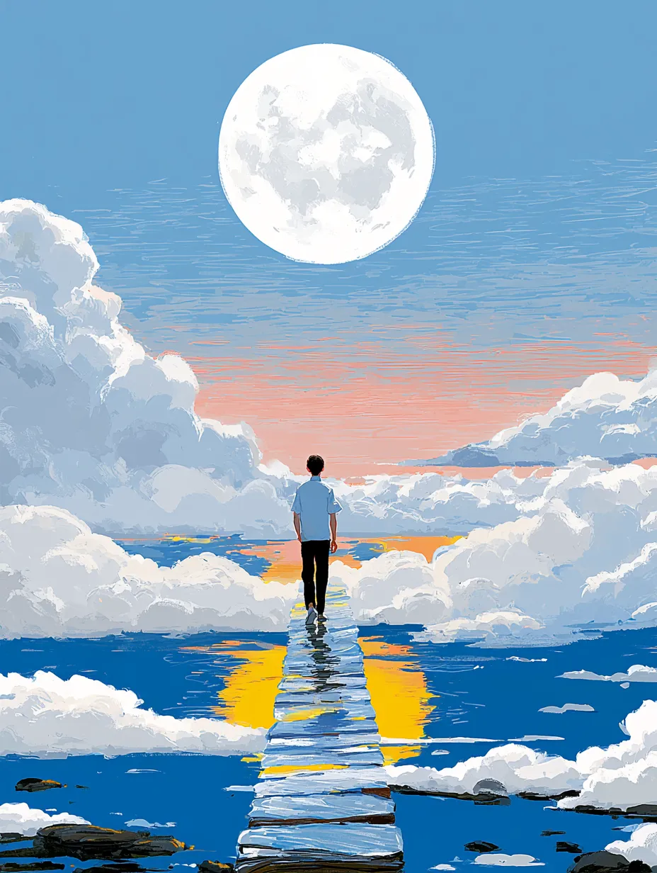 a lone figure walking across a translucent rainbow bridge...