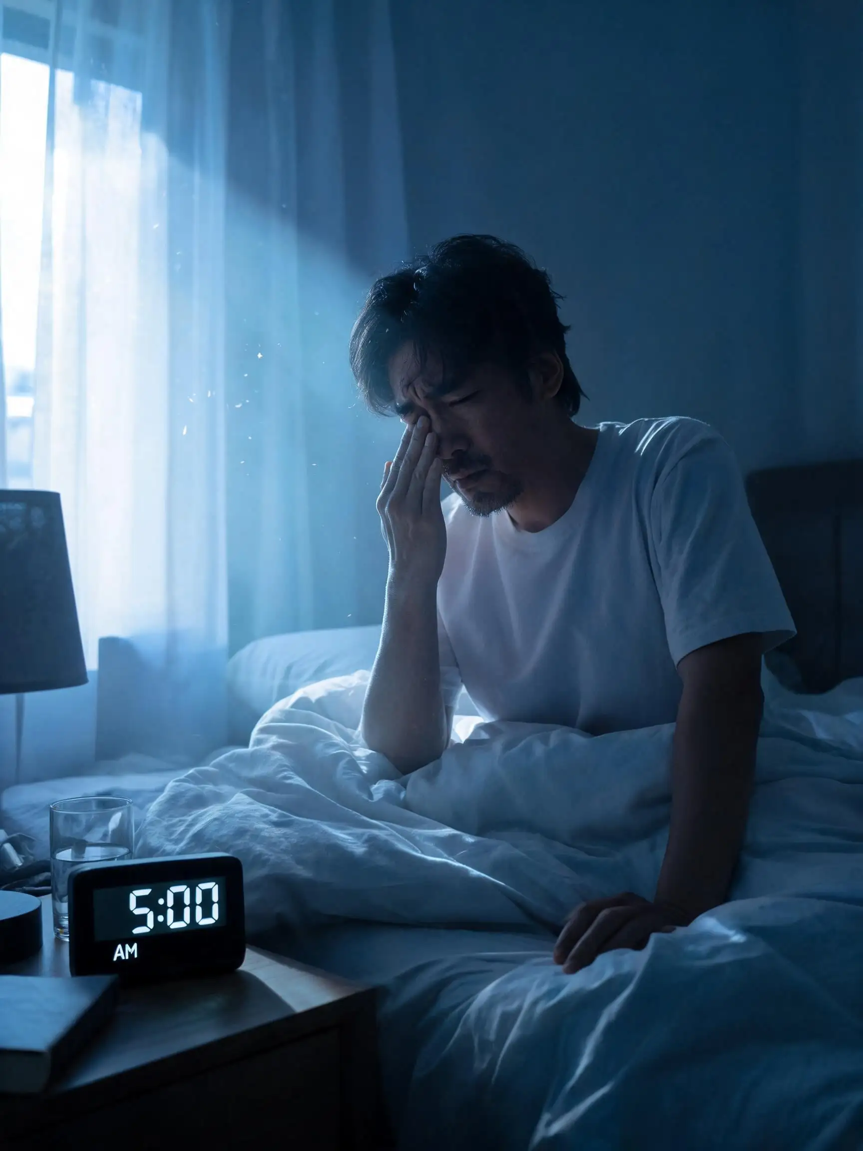 An ultra-realistic cinematic bedroom before dawn. A digit...