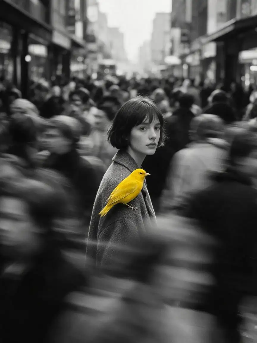 A young woman with a short dark bob stands nearly motionl...