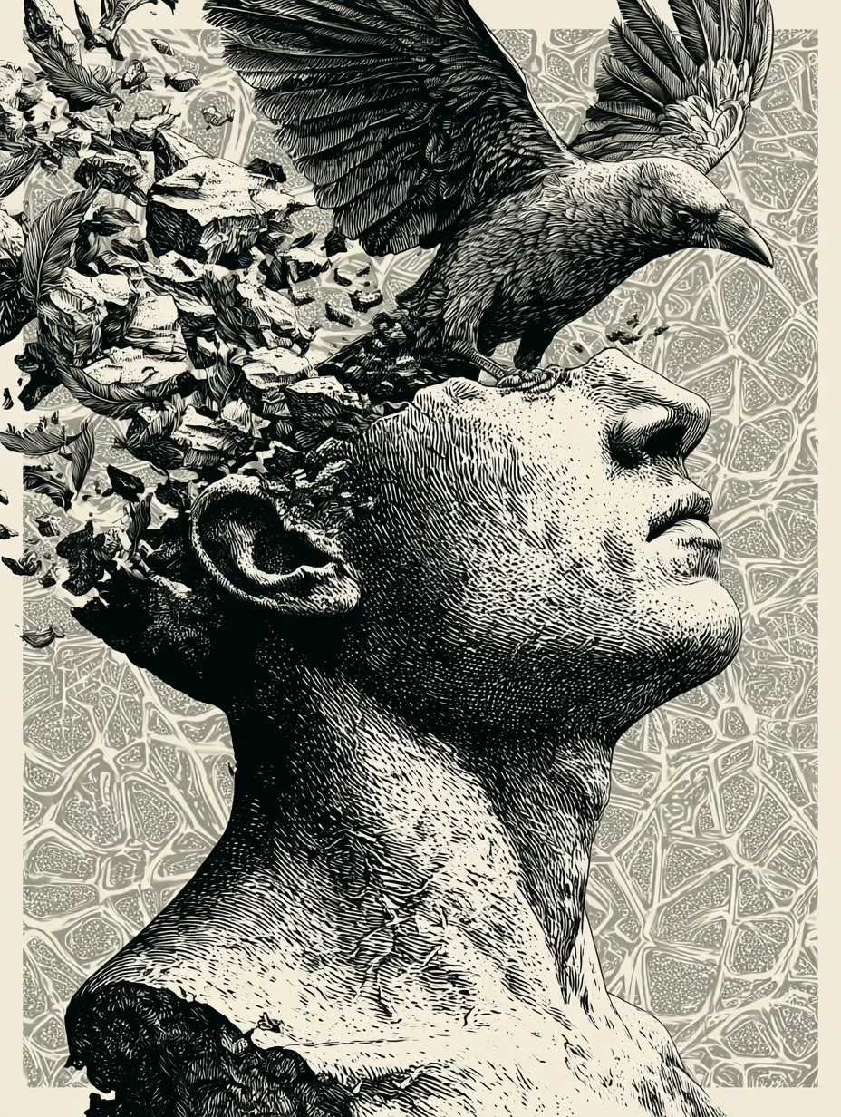 A surreal high-contrast illustration depicts a monochroma...