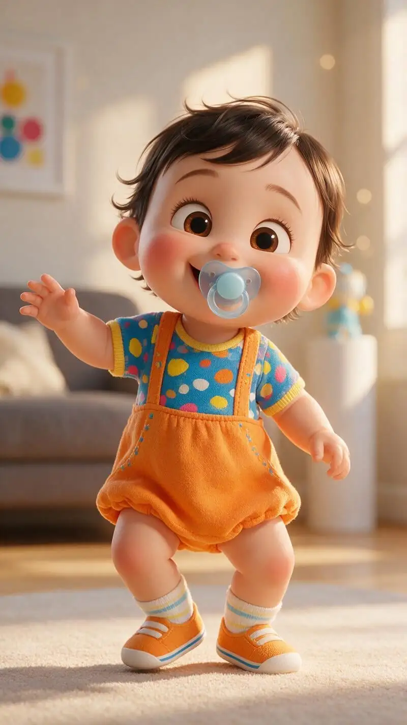 A super cute 3D animated baby with chubby cheeks, big spa...
