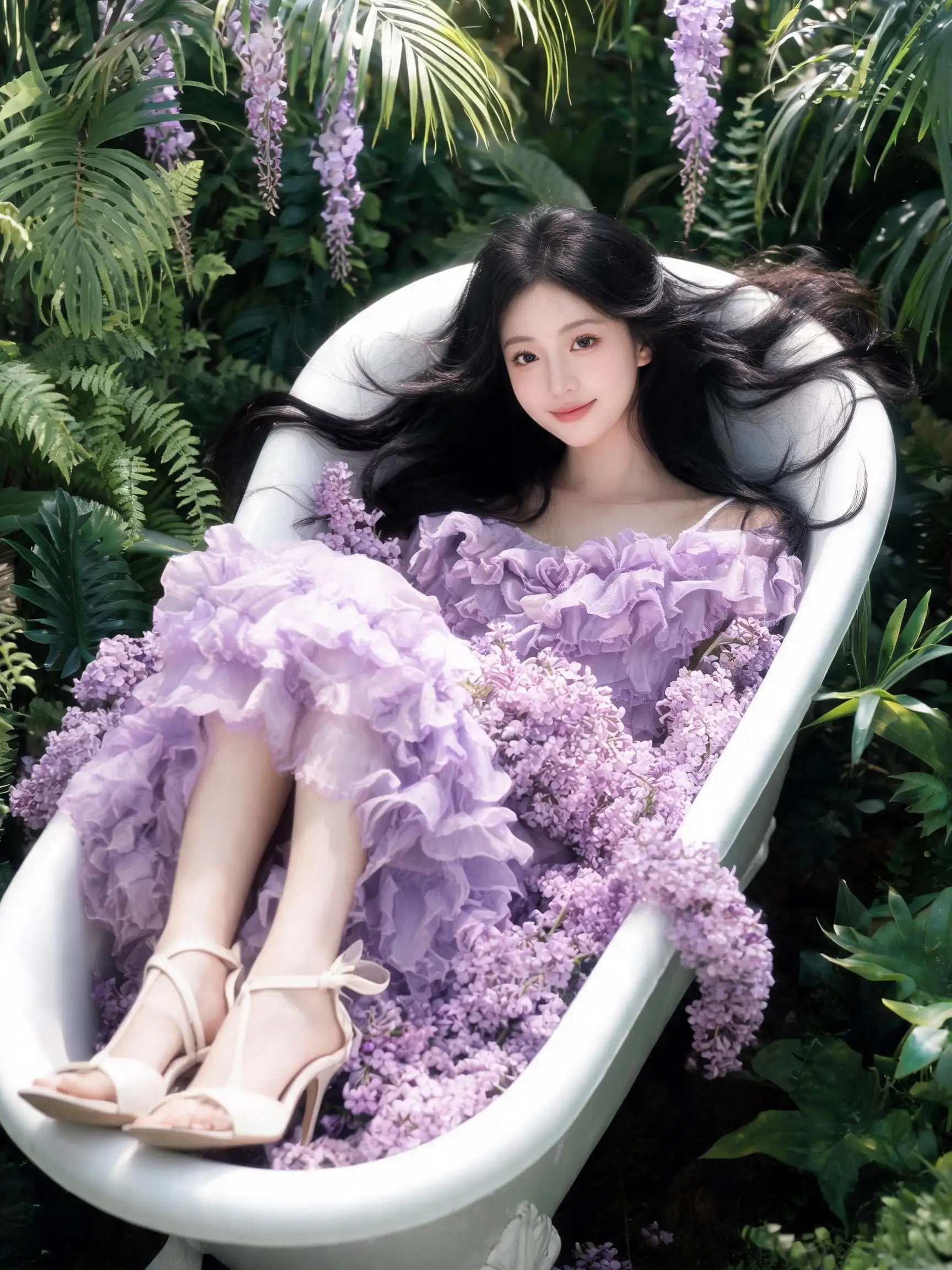 A young woman wearing an elaborate, ruffled lilac purple ...
