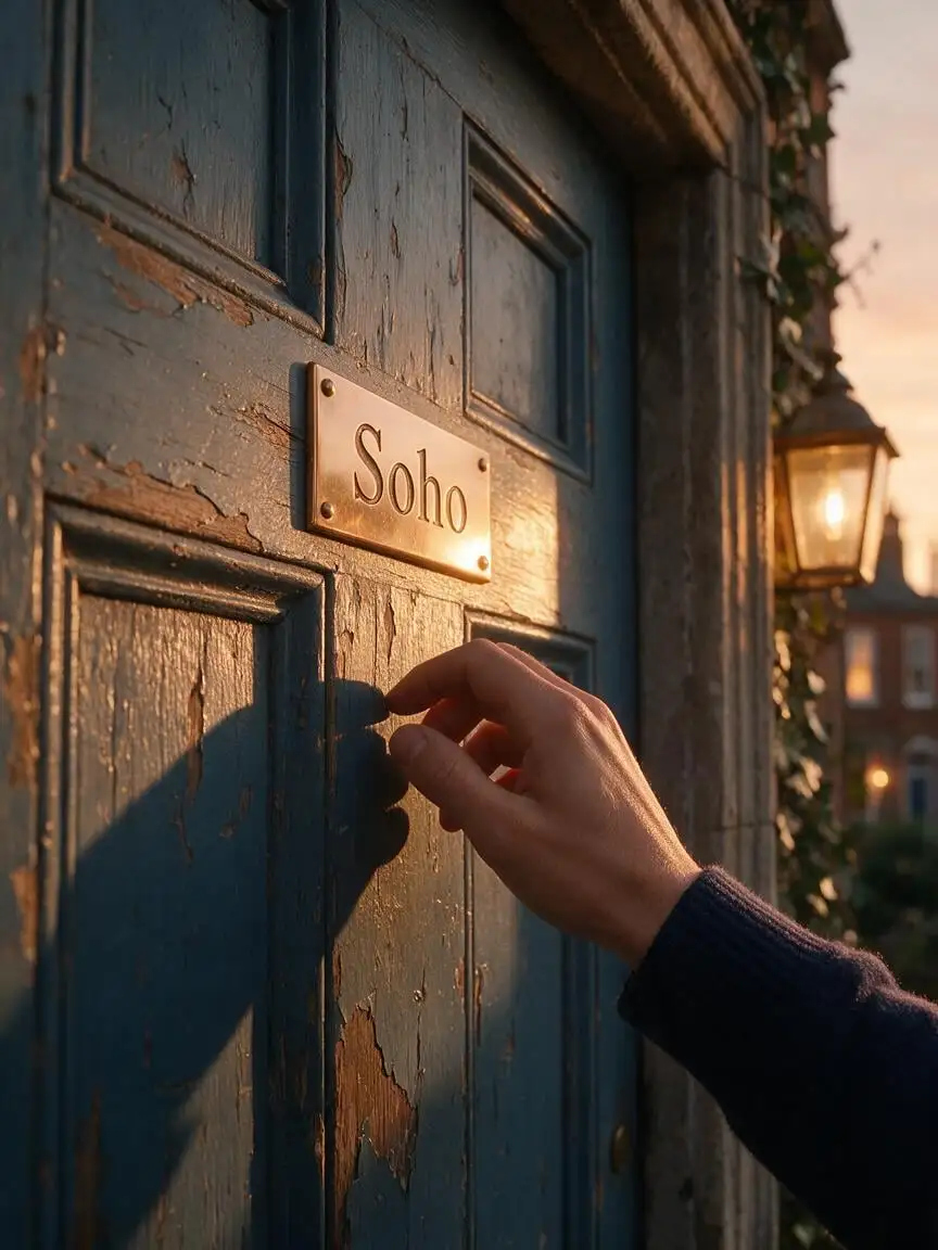 A human hand reaches out to knock on a weathered, slate-b...