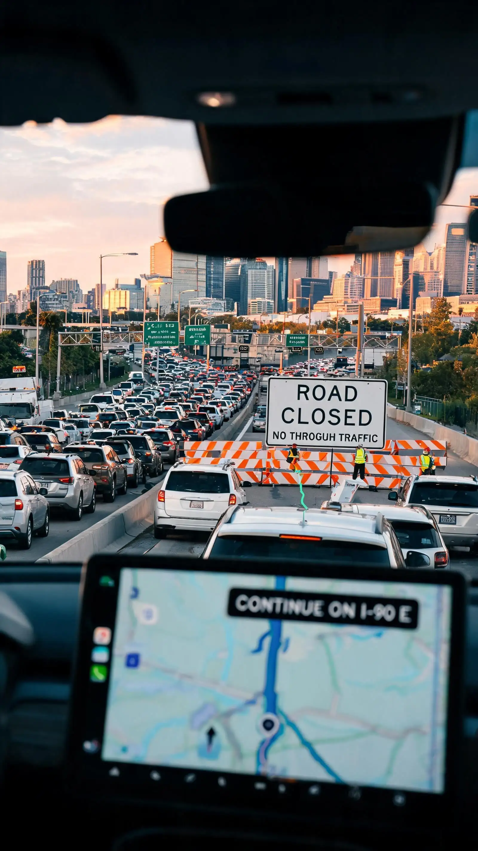 Large realistic highway closure in a modern city while na...