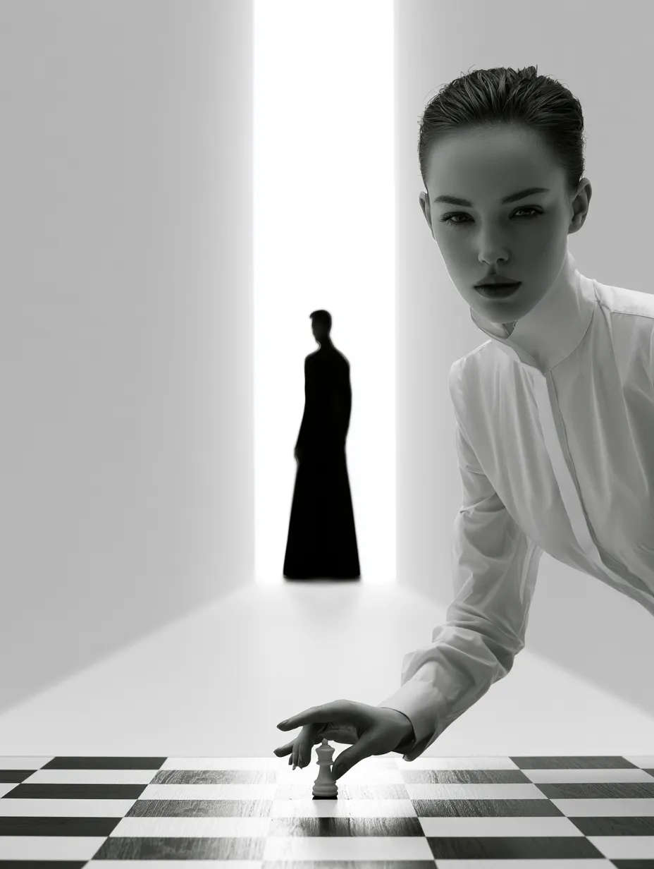 A contemplative woman in a crisp white high-collar shirt ...