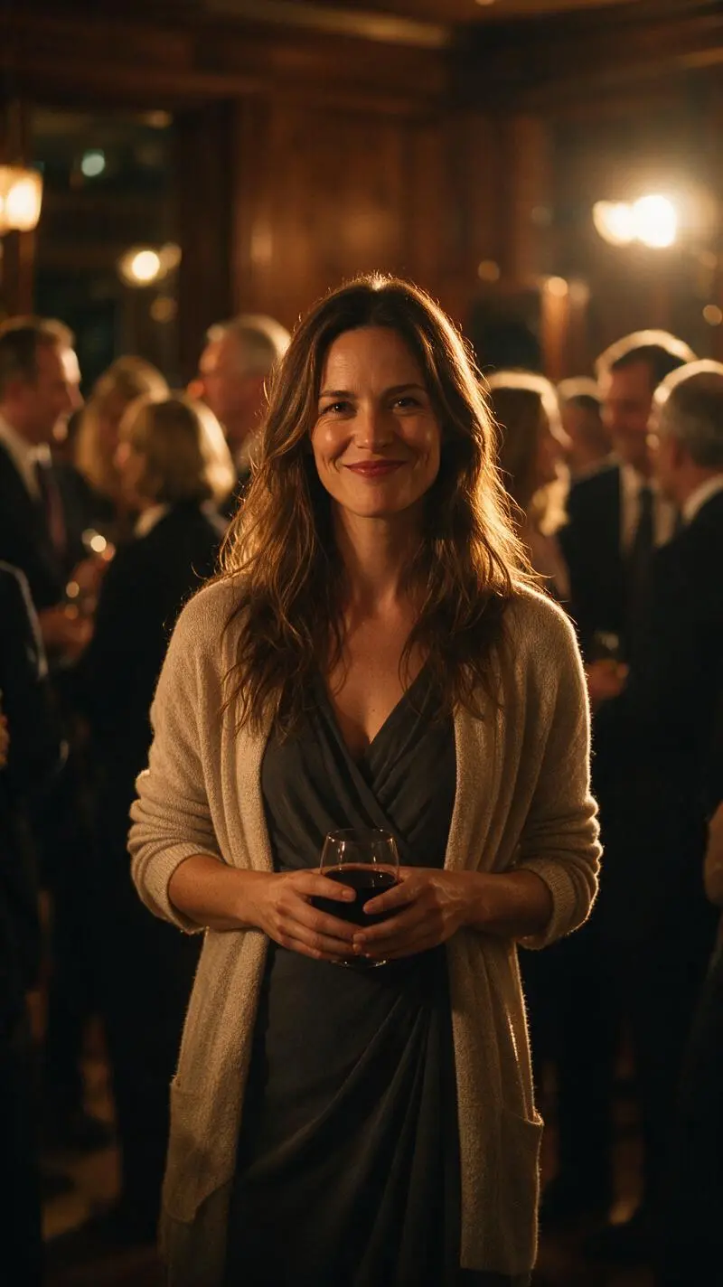 A poised woman stands at an intimate evening reception, f...