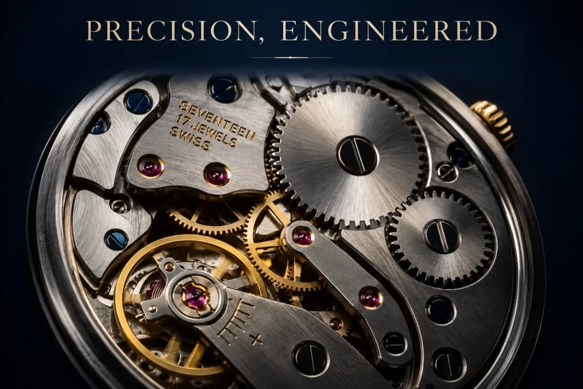 Turn this watch movement photo into a premium print advertisement: add a dark navy backdrop, a subtle vignette, and the headline text "PRECISION, ENGINEERED" in elegant serif typography at the top, keep every gear and jewel exactly as shown