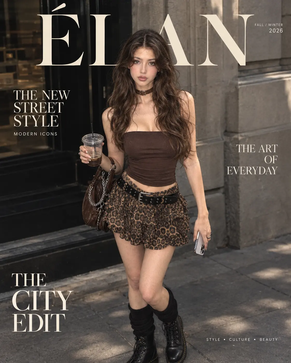 Transform the provided street-style photo into a high-end fashion magazine cover. Keep the same woman, facial features, hairstyle, outfit, body proportions, pose, and overall identity from the reference image. Preserve the original street-fashion aesthetic and natural candid feeling, but elevate the image into a sophisticated editorial fashion photograph. Create a premium international fashion magazine cover aesthetic, inspired by contemporary luxury fashion editorials. COMPOSITION: Vertical magazine cover, 4:5 aspect ratio. The woman is the clear main subject, positioned elegantly in the center with slightly more negative space around her head and upper body for magazine typography. Strong editorial composition, sophisticated framing, realistic photography. PHOTOGRAPHY: Ultra-photorealistic fashion photography, high-end editorial photography, 35mm fashion photography, natural skin texture, subtle film grain, sharp facial details, beautiful but realistic skin, professional color grading, soft cinematic contrast, controlled highlights and shadows, luxury fashion campaign quality. LIGHTING: Soft directional natural light mixed with subtle studio-style fill light, beautiful highlights on hair and clothing, slightly dramatic shadows, refined and sophisticated atmosphere. MAGAZINE DESIGN: Add elegant editorial typography around the subject. Minimalist luxury fashion magazine layout. Large sophisticated masthead at the top: "ÉLAN" Small editorial headlines distributed around the composition, carefully avoiding the woman's face and body: "THE NEW STREET STYLE" "MODERN ICONS" "THE ART OF EVERYDAY" "FALL / WINTER 2026" "THE CITY EDIT" "STYLE • CULTURE • BEAUTY" Use refined high-fashion typography, large elegant serif masthead, minimal sans-serif secondary typography, precise typographic hierarchy, balanced spacing, premium fashion editorial layout. COLOR & MOOD: Warm neutral tones, slightly muted colors, rich browns, black, cream, subtle metallic accents, sophisticated urban atmosphere, effortlessly cool, modern, confident, expensive-looking. IMPORTANT: The woman must remain the exact same person from the reference. Do not change her facial identity. Do not change her clothing design. Do not add extra accessories. Do not distort her hands or body. Typography should look naturally integrated into the photograph. No excessive graphics. No cheap commercial advertising aesthetic. No cartoon. No CGI. No plastic skin. No unrealistic beauty retouching. The final image should look like a real photograph published as the cover of a prestigious international fashion magazine.