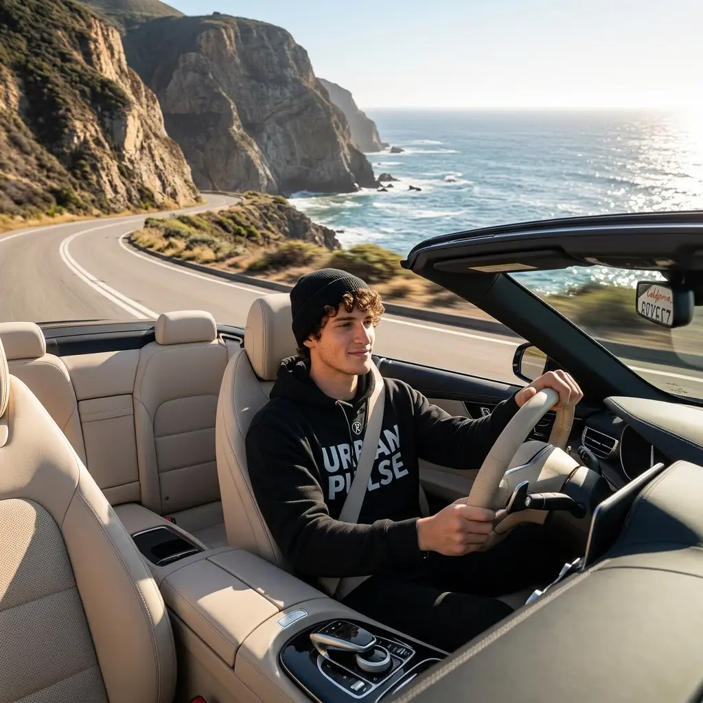make a photo of the man driving the car down the california coastline