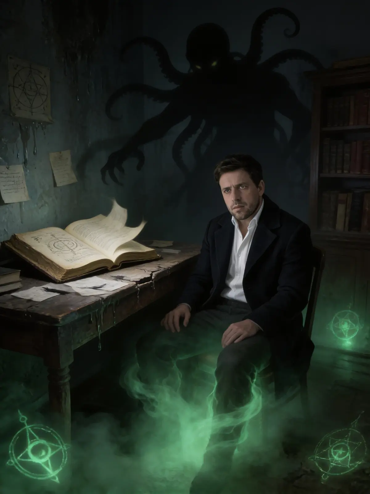 I want to generate 2 images. Transform this portrait into a Lovecraftian cosmic horror character poster. Preserve the man's face, identity, pose, coat structure, and exhausted expression. Replace the plain background with a dim, decaying study filled with ancient books, damp walls, and occult notes. Add faint greenish fog, subtle eldritch symbols glowing behind him, and a massive shadowy tentacled silhouette barely visible in the darkness above. Make his eyes look more haunted, as if he has seen something beyond human understanding. Keep it atmospheric, realistic, and psychologically disturbing rather than overly graphic.