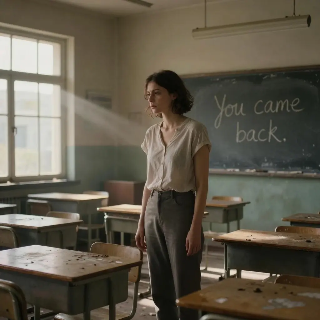 Add a faint handwritten chalk message on the old blackboard: “You came back.” Preserve the woman, classroom layout, desks, broken windows, sunlight beams, and muted color palette. The message should look old, dusty, and naturally written in chalk.
