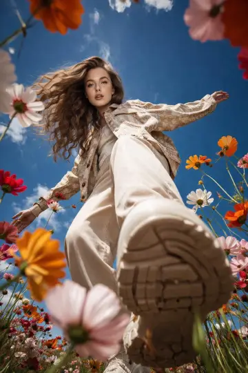 鮮やかな花畑を歩くおしゃれな若い女性を捉えた、シネマティックなウルトラワイドのローアングルショット。歩いている途中の足の下にカメラがあるかのような地上レベルから撮影。靴の裏がシャープなディテールで前景を占め、劇的な遠近感を生み出している。彼女はソフトなベージュの服装に軽いジャケットを羽織り、長い髪が風に自然になびいている。周りには色とりどりの花（コスモスや野花）が咲き誇り、シーンを彩っている。上空は明るい青空に柔らかな雲が浮かび、夢のように風通しの良い雰囲気を作り出している。自然光、柔らかい影、ハイファッション・エディトリアルスタイル、ウルトラリアル、浅い被写界深度、8Kのディテール。