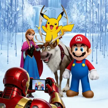 エルサは画像2のマリオに置き換えられ、雪だるまは画像3のピカチュウに置き換えられます。前景では、アイアンマンがスマートフォンをかざして彼らを撮影しています。