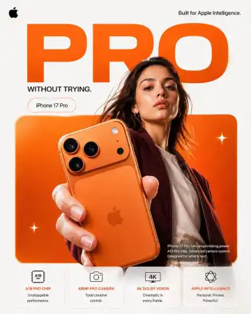 FORMAT:
4:5 vertical premium smartphone campaign poster, ultra-high resolution (8K), global OOH + digital + social ready
Style: Apple-level minimalism × bold Gen-Z composition × hyper-real commercial photography

🧠 CORE INTENT:
“PRO, WITHOUT TRYING.”

Effortless power.
Quiet confidence.
No noise — just precision.

🎬 SCENE COMPOSITION:

BACKGROUND:
Pure matte white canvas with a dominant rounded rectangle block in ultra-vibrant burnt orange gradient (top-left → bottom-right glow)

GIANT TYPOGRAPHY (BACKGROUND LAYER):
“PRO”
- ultra-bold geometric sans-serif
- stretched wide kerning
- partially cropped by frame edges
- soft shadow depth
- color: deep orange slightly darker than background block
- subtle emboss effect

👤 SUBJECT (HUMAN ELEMENT):

- Female model, clean editorial look (Apple casting style)
- Neutral expression (confident, calm, not smiling)
- Hair: natural flow, slightly wind-touched
- Outfit:
  → muted tones (off-white + deep maroon jacket)
  → minimal styling, no distractions

POSE:
- Shot from slightly low angle (hero perspective)
- One hand extended toward camera holding iPhone
- Body slightly angled for depth
- Face aligned toward viewer (eye contact)

📱 PRODUCT (HERO FOCUS):

DEVICE:
iPhone 17 Pro in Titanium Orange finish

POSITION:
- Extreme foreground (forced perspective)
- Slight tilt to reveal camera module depth

DETAILING:
- triple camera system hyper-sharp
- lens reflections physically accurate
- brushed titanium edge highlights
- micro-scratches + realistic material response
- Apple logo centered, subtle reflective gloss

REFLECTION:
- soft studio reflection on device edges
- micro light bloom around camera rings

✨ LIGHTING SYSTEM:

MAIN LIGHT:
Soft studio key light (front-left)
→ smooth skin tones
→ clean product highlights

RIM LIGHT:
Warm edge light from right
→ enhances phone silhouette
→ highlights metallic edges

ACCENT LIGHT:
Subtle glow from background orange block

SHADOW:
Soft drop shadow under subject + phone
(no harsh contrast)

🎨 COLOR SYSTEM:

- Primary: Apple Orange (hero)
- Secondary: Clean white
- Accent: warm highlights + skin tones
- Contrast: deep micro-shadows

No over-saturation.
No neon.
Controlled premium palette.

✨ GRAPHIC ELEMENTS:

- Minimal sparkle icons ✦ (2–3 only)
- Soft floating UI pill (glass morphism)
- Very subtle grain for realism

✍️ TYPOGRAPHY SYSTEM:

TOP LEFT:
Apple logo (black, small, clean)

TOP RIGHT:
“Built for Apple Intelligence.” (thin sans-serif)

MID LEFT (pill):
“iPhone 17 Pro”

CENTER DOMINANT:
“PRO” (background type)

BOTTOM RIGHT (body text):
Small paragraph:

“iPhone 17 Pro. Uncompromising power.
A19 Pro chip. Advanced camera system.
Designed for what’s next.”

📊 FEATURE STRIP (BOTTOM GRID):

4 rounded cards (glass-white panels):

1. A19 PRO CHIP  
   “Unstoppable performance.”

2. 48MP PRO CAMERA  
   “Total creative control.”

3. 4K DOLBY VISION  
   “Cinematic in every frame.”

4. APPLE INTELLIGENCE  
   “Personal. Private. Powerful.”

Icons minimal line style

📐 COMPOSITION GRID:

- Top: brand + statement
- Mid: subject + product (dominant)
- Background: typography layer
- Bottom: feature modules

Eye flow:
Face → Phone → Camera → “PRO” → Features

🎥 CAMERA SPECS:

- ARRI Alexa Mini LF
- 50mm anamorphic lens
- shallow depth of field
- HDR rendering
- ultra-real skin + material detail
- slight lens distortion for realism