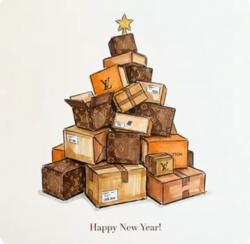 [A charming, hand-drawn fashion illustration of a Christmas tree constructed entirely from a chaotic stack of [BRAND NAME] product boxes.

**COMPOSITION:**
The boxes are piled in a pyramid shape to mimic the silhouette of a Christmas tree. The boxes vary slightly in size and angle, creating a playful, unstable, organic look. At the very top, there is a simple golden star.

**BRAND PALETTE & AESTHETICS (CRITICAL):**
The boxes must be colored strictly according to [BRAND NAME]'s official color palette (e.g., Tiffany Blue for Tiffany, Orange/Brown for Louis Vuitton, Red/White for Supreme).
* **Details:** Visible [BRAND NAME] logos are printed on the sides of the boxes. Add realistic packaging details like small shipping labels, barcodes, and tape to enhance the "delivery box" vibe.

**ART STYLE (MARKER SKETCH):**
The image is NOT a 3D render. It is a high-quality "Alcohol Marker and Ink" sketch on white paper. The style is loose, artistic, and vibrant, typical of fashion design sketches. The colors have the texture of markers; the outlines are done in fine black ink.

**TYPOGRAPHY (STRICT BRAND MATCH):**
At the very bottom of the illustration, centered, write the phrase: "Happy New Year!".
1.  **Font Style:** The font must mimic the official typographic language of [BRAND NAME] (e.g., if Nike: use a heavy Condensed Sans-Serif; if Gucci: use a refined Serif). The text style must feel like an extension of the brand's identity.
2.  **Size:** The text must be very small and discreet. It should occupy a maximum of 20% of the total image width.

**BACKGROUND:**
Clean white paper texture background.]