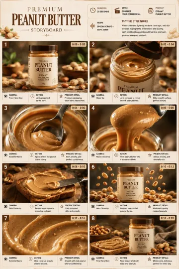 Premium Peanut Butter Product Commercial Storyboard

FORMAT:
• Single-page premium storyboard
• 3:4 Portrait ratio
• Gourmet breakfast product campaign
• 8 cinematic product-focused scenes
• Product remains the main hero
• Luxury advertising presentation

HEADER:
• Elegant serif typography
• Information cards:
  - Duration: 20 Seconds
  - Style: Gourmet Food Commercial
  - Product: Creamy Peanut Butter
  - Audio: Spoon Scrape + Soft ASMR
• Why This Style Works section
• Warm beige, caramel and brown aesthetic
• Minimal peanut-inspired decorative elements

STORYBOARD:
1. Peanut butter jar positioned on a premium stone surface with whole peanuts around it
2. Jar lid being removed, revealing perfectly smooth peanut butter
3. Spoon entering the jar in an extreme macro shot
4. Thick peanut butter slowly lifting from the spoon in a long creamy ribbon
5. Peanut butter spreading smoothly across warm toasted bread
6. Roasted peanuts falling around the jar in slow motion
7. Extreme macro showing creamy texture with tiny peanut particles
8. Final hero jar beside toast and scattered roasted peanuts

EVERY PANEL:
• Scene number
• Duration badge
• Camera direction
• Visual
• Action
• Product detail

CAMERA:
Extreme macro, slow-motion spread, overhead composition, creamy texture close-up, controlled ingredient drop, smooth product push-in.

STYLE:
Ultra-realistic food photography, rich creamy texture, realistic viscosity, roasted peanut details, warm natural lighting, premium glass packaging, sophisticated breakfast advertising, 8K.