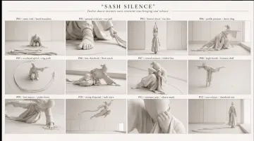 Create a minimalist contemporary-dance storyboard titled “SASH SILENCE,” containing exactly 12 panels arranged in 4 columns and 3 rows on a landscape 16:9 presentation sheet. Use a warm white background, generous outer margins, fine gray panel borders, and small elegant serif shot labels above each frame.

Render the images as cinematic monochrome ivory 3D clay studies. Show the same faceless adult dancer in every panel: a smooth sculptural head, a small topknot, flowing kimono-inspired robes, wrapped ankles, and a long fabric sash trailing across the floor. All surfaces are matte chalk, plaster, and softly textured fabric.

The setting is a pale minimalist studio with translucent shoji-like wall panels, diffuse daylight, and a circular line on the floor. Maintain the same costume, room, and circular performance area throughout.

P01 — STILLNESS: Wide frontal shot, the dancer kneels with head bowed inside the circle.
P02 — GROUND: Extreme close-up of a wrapped foot beside the trailing sash.
P03 — RISE: Symmetrical full-body shot, the dancer stands with hands reaching overhead.
P04 — REACH: Side view of a deep lateral lunge, one sleeve extending outward.
P05 — SPIRAL: Overhead shot, the sash forms a broad ring around the kneeling dancer.
P06 — FLOOR: Low medium shot, the dancer reclines sideways and reaches along the floor.
P07 — FOLD: Intimate shot of a seated curled pose, fabric gathered near the face.
P08 — BALANCE: Full-body profile with one leg extended backward and arms stretched forward.
P09 — IMPACT: Low close-up of a palm pressing into fine powder on the floor.
P10 — RELEASE: Wide shot of an airborne diagonal leap with the sash floating behind.
P11 — GRIP: Extreme close-up of a hand holding fabric against the featureless face.
P12 — EXIT: Rear wide shot, the dancer faces a bright doorway while the sash rests behind.

Convey an emotional progression from restraint to release through body language alone. No additional characters, saturated colors, decorative icons, or watermarks.