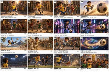 Create a colorful 16-panel storyboard for an original animated short titled “ONE BALL, MANY DREAMS.” Arrange exactly 4 columns and 4 rows on a landscape 3:2 canvas. Each cell contains a widescreen illustration, a small numbered tab, and a narrow white caption strip with one short bold English shot title.

Visual style: expressive stylized 3D feature animation, appealing rounded character designs, large expressive eyes, detailed curly hair, tactile clothing, cinematic depth, warm sunlight, and energetic compositions.

The central character is a cheerful boy with tan skin, curly brown hair, a yellow football jersey with blue trim, blue shorts, white socks, and dark football shoes. Keep his appearance consistent whenever he returns. Other cities introduce distinct local young players. The same black-and-white football visually connects the entire story.

01 STREET DREAM — The central boy rests one foot on the ball in a sunlit cobblestone street, friends behind him.
02 FIRST DRIBBLE — Low-angle close shot of him dribbling toward the camera.
03 FRIENDLY CHASE — Laughing friends chase him down the street.
04 BIG KICK — A dramatic low-angle kick sends the ball toward the lens.
05 CASABLANCA — A local boy in green receives the ball in a lantern-lit neighborhood square.
06 QUICK PASS — He dodges two players and passes out of frame.
07 TOKYO CONTROL — A girl in dark sportswear traps the ball on a neon-lit street.
08 NEON SHOT — She kicks it away, reflected lights streaking across the wet pavement.
09 RIO VOLLEY — A beach player performs an airborne volley beside the ocean.
10 LAHORE PASS — A smiling local boy sends a long pass across a lively dusty square.
11 STREET SKILL — A player in a pale blue-and-white jersey beats a defender in Buenos Aires.
12 WORLD FLIGHT — A stylized transition shows the ball following luminous arcs between miniature city skylines.
13 STADIUM ARRIVAL — The central boy watches the ball descend into a floodlit stadium.
14 FINAL RUN — Wearing his yellow number 10 jersey, he dribbles toward goal.
15 WINNING SHOT — The ball reaches the net beyond a diving goalkeeper.
16 SHARED DREAM — Children from the earlier scenes celebrate together and lift a generic golden trophy.

Use clear action silhouettes and varied camera angles. Keep captions short and legible. No real tournament branding, sponsor logos, watermarks, or additional panels.