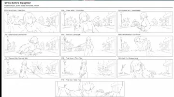 Create a ten-panel anime action storyboard titled “SELFIE BEFORE CHAOS” on a landscape 16:9 white presentation sheet. Arrange panels 1–9 in three columns and three rows, followed by one wider centered panel 10 at the bottom. Use thin gray rectangular borders and small English shot labels above the panels.

Drawing style: clean, delicate graphite-gray anime line art on white paper, sparse construction lines, minimal shading, simplified faces, and clearly readable poses. This is an animation planning sheet, not a fully colored comic.

Main character: the same adult woman with a chin-length straight bob and blunt bangs, wearing a cropped high-neck jacket, high-waisted trousers, and a sheathed katana at her waist.

Setting: a deserted urban street with a lamppost on the left, a parked compact car near the center, and a storefront on the right. Three distinct fantasy monsters occupy consistent background positions: a horned creature near the lamppost, a bulky creature by the car, and a multi-armed creature near the storefront.

P01 LENS CHECK — She leans toward a stationary street-level camera with both arms extended to adjust it.
P02 PEACE SIGN — She poses cheerfully for the camera while the three monsters cause chaos behind her.
P03 TURN — She looks back toward the monsters, one hand resting on the sword hilt.
P04 DRAW — Medium shot of her drawing the blade in one quick controlled movement.
P05 FIRST STRIKE — Rear three-quarter view as she strikes toward the horned creature beside the lamppost.
P06 NEW THREAT — The bulky monster raises the parked car while she pivots toward it.
P07 COUNTER — A sweeping sword action defeats the bulky monster in a burst of stylized dust.
P08 FINAL STRIKE — She redirects the blade toward the multi-armed creature, which collapses into abstract debris.
P09 HAIR FIX — She casually smooths her bob, light dust marks on her jacket, the quiet street behind her.
P10 RETURN TO CAMERA — A wide close-up echoes panel 1 as she reaches toward the lens again.

Maintain the same street geography and character design throughout. Depict combat with motion lines, dust, and abstract impact marks; no gore or anatomical injury detail. No speech balloons, dense text, color fills, or watermarks.
