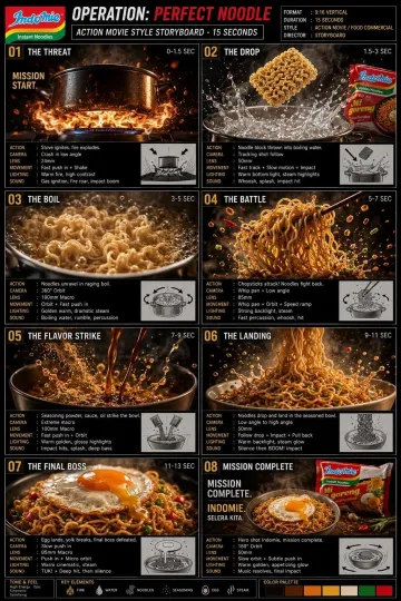 Prompt: 

Create a premium 15s vertical 9:16 Indomie commercial,8 scenes,ultra-realistic 8K, blockbuster action movie × cinematic food advertising. No people/faces; hands only when absolutely necessary. Treat ordinary cooking like a world-saving mission. STORY: FIRE IGNITION → NOODLE DROP → BOIL → NOODLE BATTLE → FLAVOR STRIKE → LANDING → FINAL BOSS → MISSION COMPLETE 01 | 0–1.5s — THE THREAT Empty pot in darkness → explosive stove ignition → massive cinematic BOOM. 24mm, crash-in + impact shake.Chopsticks aggressively lift and spin noodles; strands whip through frame, vegetables and particles flying. 85mm macro, whip-pan + orbit + speed ramp. 05 | 7–9s — FLAVOR STRIKE Seasoning powder, sauce and oil attack the bowl in rapid cinematic impacts, forming a glossy flavor base. 100mm macro, push-in + micro-orbit. 06 | 9–11s — THE LANDING Golden noodles lifted high → perfect spiral → dramatic drop into seasoned bowl → BOOM.Text: “MISSION START.” 02 | 1.5–3s — TACTICAL DROP Boiling water erupts with steam as Indomie noodle block flies in like a tactical payload → massive splash. 50mm, tracking + FAST→SLOW→FAST speed ramp. 03 | 3–5s — THE BOIL Macro noodles unravel inside violently boiling water, bubbles and steam like battlefield smoke. 100mm macro, 360° orbit + rapid push-ins. 04 | 5–7s — THE BATTLESteam and seasoning particles explode outward. 50mm, low-angle follow + extreme slow motion. 07 | 11–13s — FINAL BOSS Sunny-side-up egg descends onto noodles → “TUK” → yolk breaks and flows dramatically across glossy noodles. 85mm macro, slow descent + push-in + micro-orbit. 08 | 13–15s — MISSION COMPLETE Steaming premium Indomie bowl with glossy noodles, egg and toppings beside the original package. Action intensity suddenly becomes calm and luxurious. 50mm, slow 180° orbit + subtle push-in.SOUND: High-energy action soundtrack, deep bass/percussion, synchronized ignition, fire, boiling, splash, chopstick, seasoning, sauce, noodle landing, egg impact and final cinematic hit. Use sudden silence before major impacts. PRODUCT LOCK: Accurate Indomie logo, package proportions, colors, typography, label and noodle appearance. No distorted or unreadable packaging.Text: “MISSION COMPLETE.” → “INDOMIE” → “SELERA KITA.” CAMERA: Crash zooms, whip-pans, speed ramps, tracking, slow motion, macro, orbit, low angles, impact shake, match cuts. VISUAL: Deep black, fire orange, golden yellow, Indomie red, rich brown, green accents; dramatic lighting, realistic steam, boiling water, noodle elasticity, seasoning, sauce viscosity and egg yolk.NEGATIVE: No people, faces, cartoon physics, floating noodles, unrealistic stretching, cheap CGI, distorted food, distorted packaging, incorrect logo, unreadable text, watermark. OUTPUT: One professional 8-panel 9:16 storyboard sheet, chronological, with scene/timecode, visual, camera, motion, lighting, sound and transitions. Blockbuster action movie × Indomie food commercial × cinematic cooking film.