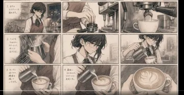 reate a single nine-panel storyboard sheet showing an adult female barista making a latte, arranged in exactly 3 columns and 3 rows, read left to right and top to bottom. Use a landscape 16:9 canvas, thin hand-drawn panel borders, narrow cream gutters, and no cropped panels.

Visual style: delicate anime pencil drawing with visible graphite strokes, subtle crosshatching, muted sepia watercolor washes, warm ivory paper texture, and soft café lighting. The atmosphere is quiet, intimate, and artisanal.

Character continuity: the same adult woman throughout, with dark hair tied in a loose low bun, side bangs, thin round glasses, a white collared shirt, a dark ribbon tie, and a brown apron. Keep the same espresso machine, stainless-steel milk pitcher, and ivory ceramic cup across the sequence.

Panel 1: Medium establishing shot of the barista behind the counter in a cozy café at night.
Panel 2: Close-up of her hands tamping coffee grounds into a portafilter.
Panel 3: Extreme close-up of espresso flowing from the machine into the ceramic cup.
Panel 4: Close-up of her steaming milk in the metal pitcher, with gentle rising steam.
Panel 5: Close-up of her focused expression as she looks downward.
Panel 6: Medium shot of her carefully pouring milk into the espresso.
Panel 7: Close-up of the pitcher lowered toward the coffee surface as a white pattern begins.
Panel 8: Tighter close-up of the final pour drawing a line through the layered foam.
Panel 9: Overhead hero close-up of the finished leaf-shaped latte art, with the cup held in her hands.

Add only four small handwritten English annotations in unobtrusive spaces: “Pull espresso,” “Steam milk,” “Pour slowly,” and “Finish the leaf.” Prioritize the drawings over text. No speech bubbles, logos, watermarks, video controls, or screenshot borders.