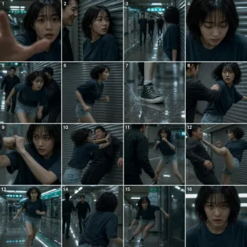 Generate a single cinematic action storyboard contact sheet with exactly 16 equal panels in a 4-column by 4-row grid on a square canvas. Separate panels with thin white gutters. Place a small white number from 1 to 16 in the upper-left corner of each image. No captions.

Style: photorealistic thriller film stills, subdued teal-green color grading, overhead fluorescent lighting, realistic skin texture, subtle film grain, shallow depth of field in close-ups, and restrained motion blur in fast action.

Location continuity: the same empty underground shopping corridor at night, with closed metal shutters, distant illuminated direction signs, and wet reflective floor tiles.

Character continuity: the same adult East Asian woman with a short tousled black bob, a dark navy T-shirt, light blue denim shorts, white ankle socks, and black high-top canvas sneakers. Three adult pursuers wear dark clothing. Preserve faces, outfits, corridor geography, and screen direction.

1. Extreme close-up: the woman reaches toward the camera, startled.
2. Tight two-shot: a pursuer approaches behind her as she looks over her shoulder.
3. Over-the-shoulder wide shot: three men advance down the corridor.
4. Close-up: she lowers her gaze and gathers resolve.
5. Medium action shot: she ducks away from a reaching arm.
6. Side tracking view: she accelerates beside the metal shutters.
7. Insert shot: her sneaker strikes a shallow puddle, scattering water.
8. Medium shot: a pursuer catches her upper arm as she turns.
9. Close-up: she raises both forearms to block.
10. Side view: she pushes the pursuer backward against a shutter.
11. Wide shot: she adopts a defensive stance facing another man.
12. Dynamic side shot: she delivers a front kick to create distance.
13. Frontal tracking view: she runs toward the camera.
14. Rear view: she checks the remaining pursuers.
15. Wide action shot: she cuts sharply around a corridor corner.
16. Tight frontal close-up: breathless but determined, she looks toward her escape route.

Make every panel a distinct, readable story beat. Keep the action grounded and non-graphic, with no blood, weapons, or exaggerated injuries. No logos or watermarks.