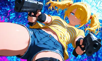 ((4k,8k,Ultra HD)), ((Masterpiece:1.2)), ((Best quality:1.2)), ((Detailed:1.5)), ((Detailed background:1.5)), 1girl, masterpiece, intricate details, ultra detailed, ai-generated, beautiful scenery, best quality, amazing quality, absurdres, very aesthetic, best composition, best angle, newest, vibrant colors, dramatic angle, saturated colors, thick lineart, colored lineart, high contrast, dynamic lighting, natural folds, fabric tension, layered clothing, pov from between legs, blonde hair, twintails, hair over one eye, jitome, blue eyes, medium breasts, striped shirt, white and yellow stripes, denim shorts, thigh strap, fingerless gloves, undershirt peek, navel, looking at viewer, no bra, holding gun, dual wielding, aiming at viewer, cold serious look, threatening, clean lineart, sharp linework, crisp lines, precise outlines, uniform line weight, minimal detail, simplified forms, flat shading, cel shading, hard edge shadows, solid shadow blocks, no soft shading, no gradients, anime screentone style, score_9, score_8_up, score_7_up, (sumi-e:1.5)